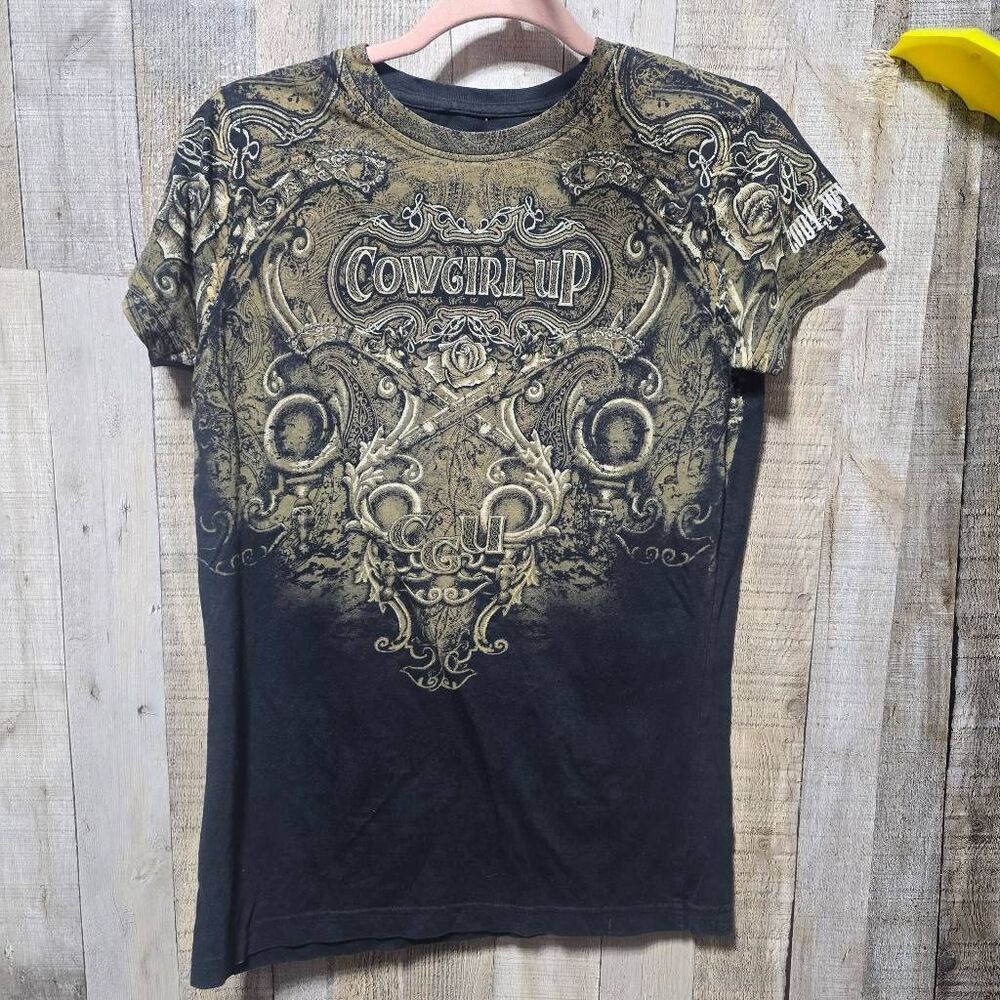 Cowgirl Up Cody Wyoming Y2K Black Brown Tee XL Western Rodeo Retro